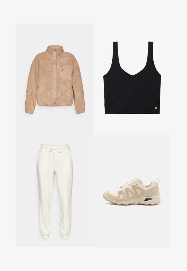 Chaqueta de forro polar beige con cuello alto, que cuenta con un bolsillo frontal con cremallera y cierre de botones a presión. Superficie texturada con un acabado suave.; Sujetador deportivo negro con tirantes anchos, diseño de escote en V, tela texturizada y detalle del logo en el dobladillo. Acabado suave, estilo minimalista.; Pantalones de chándal beige claro, fabricados en un tejido suave, con cintura elástica y cordón, bolsillos laterales y tobillos ajustados.; Zapatilla deportiva beige y crema con parte superior de malla texturizada, superposiciones de soporte y suela de goma con un patrón de tracción.