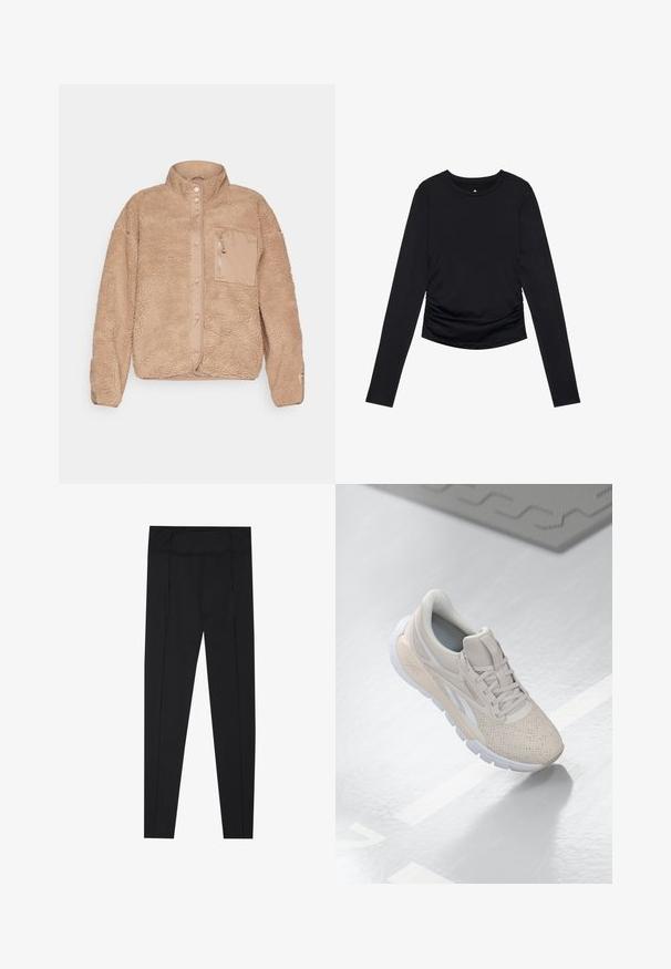 Beige fleece jacket with a high collar, featuring a front zipper pocket and snap button closure. Textured surface with a soft finish.; Black long-sleeve top with a round neckline and gathered detailing at the sides, displayed against a plain white background.; Black leggings featuring a smooth texture, high waistband, and stitching details along the sides. Slim-fit design, suitable for various activities.; Light beige athletic shoe with a perforated upper, textured accents, padded collar, and white rubber sole, designed for comfort and breathability.
