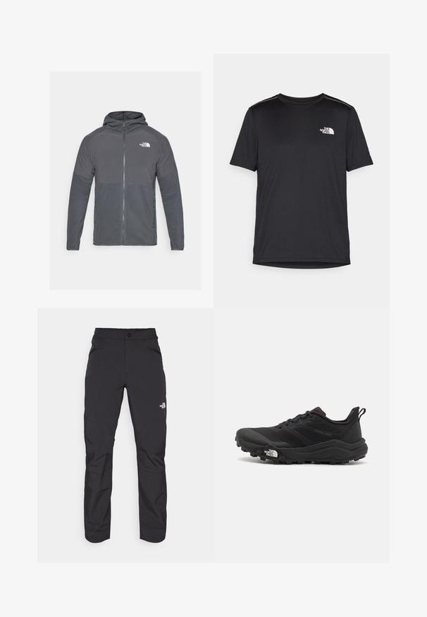 Gray fleece jacket with a zippered front, hood, and contrasting textured panels. Features The North Face logo on the upper left side.; Black short-sleeve T-shirt made from lightweight fabric. Features a small white logo on the left chest and subtle shoulder accents.; Black outdoor pants with a zippered front pocket, synthetic material, tapered legs, and reinforced knee panels. Features a button closure.; Black trail running shoe with a textured upper, rubber sole, and reinforced toe cap. Features a padded collar and pull tab for easy wear.