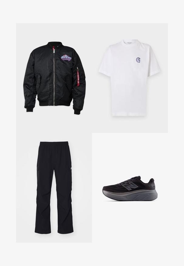 Alpha Industries Bomberjacks - black; Wit katoenen T-shirt met korte mouwen, ronde hals en een klein, geborduurd blauw "C"-logo op het linker borstgebied.; Zwarte cargo broek van lichtgewicht materiaal, met een elastische tailleband, zijzakken en een recht gesneden ontwerp.; Zwarte sportieve schoen met een gestructureerde bovenkant, versterkte hak en een dikke grijze zool. Heeft een opvallend "N"-logo.