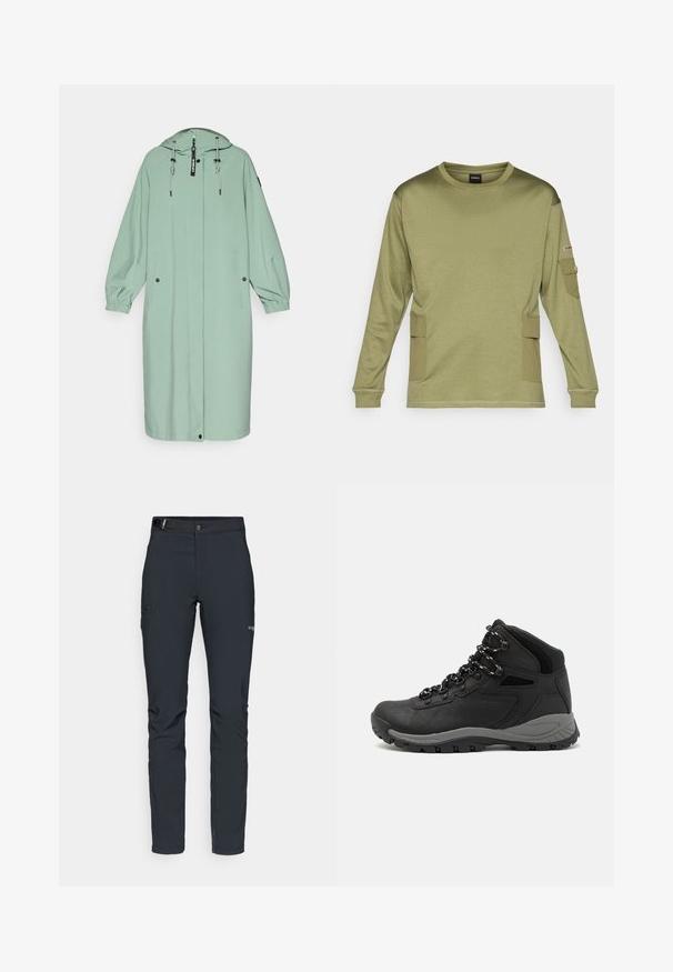 Lys grøn, lang regnfrakke med hætte, der har elastiske manchetter, to frontlommer og en frontlynlås med snoretræk til justering.; Langærmet skjorte i olivengrøn farve lavet af tekstureret stof, med sidelommer og ribbede manchetter. Enkel crew neck design.; Herrers udendørsbukser, mørkegrå, lavet af fleksibelt materiale, med bælte, lynlåslommer og forstærkede syninger.; Sort vandrestøvle med en mellem-højde design, der har en tekstureret overdel, grå detaljer og en holdbar gummisål med skridsikre klodser.