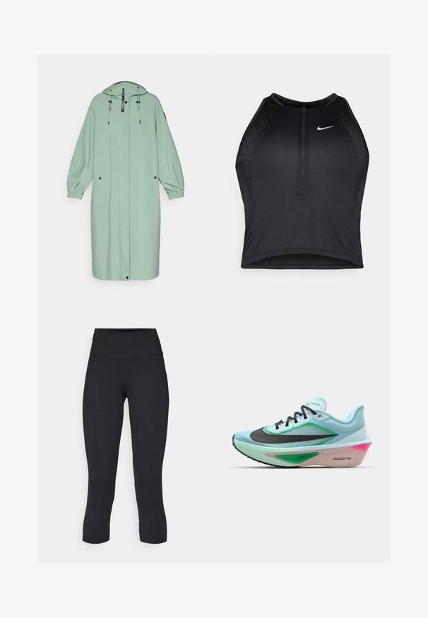 Heled roheline, pikk vihmamantel kapuutsiga, elastsete mansettide, kahe esikoti ja reguleeritava nööriga esivööga.; Must negra spordiline crop top, millel on lukk ees, võrgukangast detailid ja vormiv disain. Valmistatud venivast ja hingavast kangast. Nike logo ees.; Mustad mustad õhukesed leggingud, mis on valmistatud venivast kangast, kõrge vöökoha ja siledaga, ilma nähtavate mustrite või metalldetailideta.; Heled sinise jooksujalats, millel on tekstureeritud must võrkmaterjal ülaosa, rohelised aktsendid, roosaka varjundiga keskmine tald ja kummist väljalaskeava. Omab paelu ja brändingut.