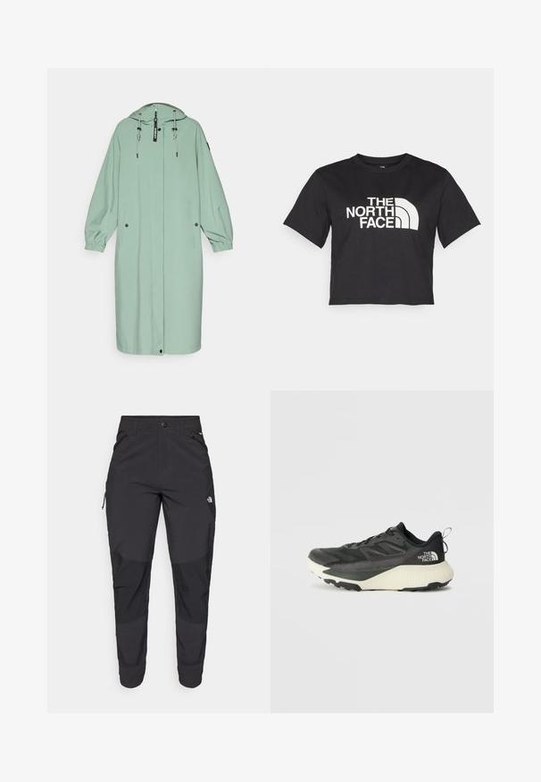 Ανοιχτό πράσινο, μακρύ αδιάβροχο με κουκούλα, που διαθέτει ελαστικές μανσέτες, δύο μπροστινές τσέπες και φερμουάρ μπροστά με κορδόνι για ρύθμιση.; Μαύρο κοντό μπλουζάκι φτιαγμένο από βαμβάκι, με λευκό λογότυπο με καμπυλωτές λεπτομέρειες και κείμενο "THE NORTH FACE" στο μπροστινό μέρος. Κοντά μανίκια, στρογγυλή λαιμόκοψη.; Μαύρο παντελόνι εξωτερικού χώρου από ανθεκτικό ύφασμα. Διαθέτει τσέπες με φερμουάρ, ενισχυμένα πάνελ γόνατος και ευθεία κοπή για ελευθερία κινήσεων.; Μαύρο αθλητικό παπούτσι με υφή στο επάνω μέρος, διαθέτει γκρι λεπτομέρειες και λευκή ενδιάμεση σόλα. Περιλαμβάνει ετικέτα έλξης και έντονο λογότυπο μάρκας στη φτέρνα.
