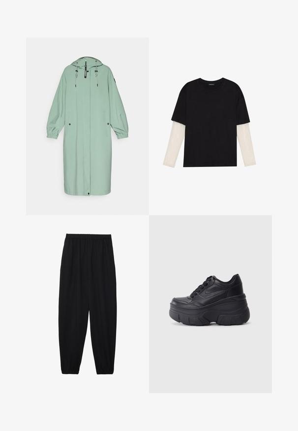 Lichtgroene, lange regenjas met een capuchon, voorzien van elastische manchetten, twee voorkruiszakken en een voorrits met een trekkoord voor aanpassing.; Zwarte T-shirt van katoen, met korte mouwen over een witte lange mouw laag met een subtiel textuurpatroon. Ronde hals ontwerp.; Zwarte, lichte broek met een elastische tailleband en gathered enkels. De stof is glad en heeft een ontspannen, taps toelopend ontwerp.; Zwarte vetersneakers met een dikke zool, voorzien van een bovenwerk van soepel leer, een ronde neus en een herkenbaar gelaagd platformontwerp.