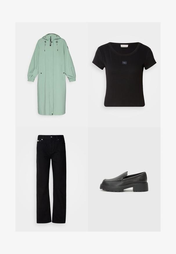 Imperméable vert clair, long, avec capuche, doté de poignets élastiques, de deux poches avant et d'une fermeture éclair à l'avant avec un cordon de serrage pour ajustement.; T-shirt noir à manches courtes avec une texture côtelée, présentant un petit patch logo sur la poitrine et un col arrondi.; Pantalons en denim noir à jambes droites avec cinq poches, rivets en argent et braguette à bouton. Le tissu a une finition lisse et légèrement texturée.; Mocassins en cuir noir avec un bout arrondi, une semelle épaisse et texturée, et des détails de couture minimalistes. Design épuré sans lacets ni métal visibles.