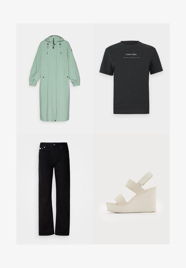 Gaiši zaļš, garš lietusmētis ar kapuci, ar elastīgiem piedurknes galiem, divām priekšējām kabatām un priekšējo rāvējslēdzēju ar pielāgojamu auklu.; Melna kokvilnas T-kreklā ar apaļu apkakli, īsām piedurknēm un baltu uzdrukātu "Calvin Klein" logotipu un tekstu "Izveidots 1968".; Melnas denima taisnas kājas bikses ar pieciem kabatām, sudraba kniedēm un pogu aizdari. Audumam ir gluda, nedaudz teksturēta virsma.; Bēša krāsas wedge sandales ar divām platām siksnām un sašaurinātu papēdi. Izgatavotas no gludas auduma ar teksturētu zoli. Logotips iegravēts papēdī.