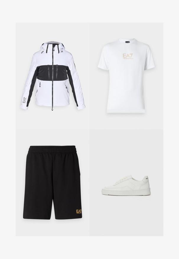 Bílá a černá lyžařská bunda s kapucí, která má zipové kapsy, kontrastní design se blokováním barev a texturované akcenty na ramenou.; Bílé bavlněné tričko s kulatým výstřihem a krátkým rukávem, na přední straně s potiskem zlatého loga EA7 Emporio Armani.; Černé sportovní šortky vyrobené z měkké látky, s elastickým pasem a malým žlutým logem EA7 na dolní části levé nohy.; Bílé kožené tenisky s hladkým povrchem, kulatou špičkou, plochými tkaničkami a texturovanou podrážkou. Na patě se nachází nenápadné logo.
