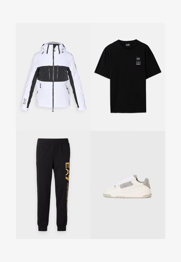 Casaco de ski branco e preto com capuz, apresentando bolsos com fecho éclair, design de blocos de cor contrastantes e detalhes texturizados nos ombros.; T-shirt de algodão preto com mangas curtas, decote redondo e uma pequena etiqueta com logótipo na parte da frente, apresentando símbolos de cuidado em branco.; Calças de treino pretas feitas de tecido suave, com uma cintura elástica e tornozelos ajustados. Logotipo amarelo impresso verticalmente na perna esquerda.; Sapatilhas baixas brancas e cinzas claras com atacadores brancos e acabamentos em camurça, apresentadas de lado sobre um fundo claro.
