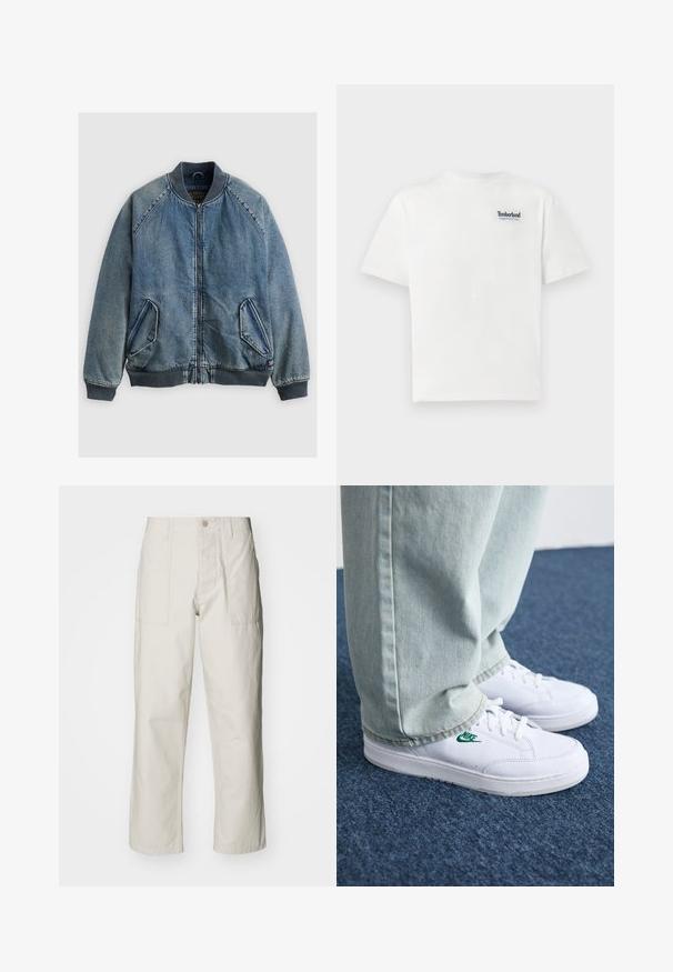 Denim bomber jacket in a light blue wash, featuring a zip front, ribbed collar, and side pockets with angled openings. Flannel texture.; White cotton t-shirt featuring a blue embroidered "Timberland Rugged Active Gear" logo on the upper left chest. Short sleeves and round neck.; Light beige wide-leg pants made of cotton. Features front pockets and a button closure. Smooth texture with subtle vertical lines.; White leather sneakers with green Nike logo, round toe, flat sole, paired with light blue denim pants, shown on a blue carpet.