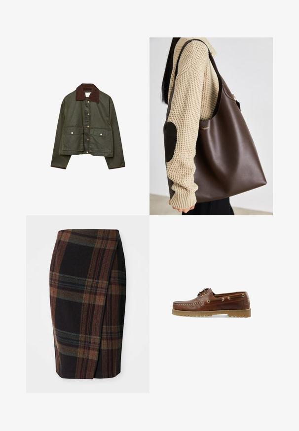 Giacca cropped verde oliva con colletto e polsini in corduroy marrone, bottoni a pressione frontali e due grandi tasche anteriori con patta.; T-shirt bianca in cotone con una grande stampa grafica rossa e navy che presenta un cavallo e il testo "LEVI'S THE ORIGINAL" in lettere bold.; Gonna a matita tartan in colori scuri con motivi orizzontali e verticali. Realizzata in lana, presenta uno spacco laterale per facilitare il movimento.; Scarpe da barca in pelle marrone con taglio basso, design con lacci, occhielli metallici e suola in gomma testurizzata, con cuciture lungo la parte anteriore.; Borsa tote in pelle marrone con un design spazioso. Presenta una texture liscia e un logo dorato discreto. Abbinata a un maglione lavorato a maglia color crema.