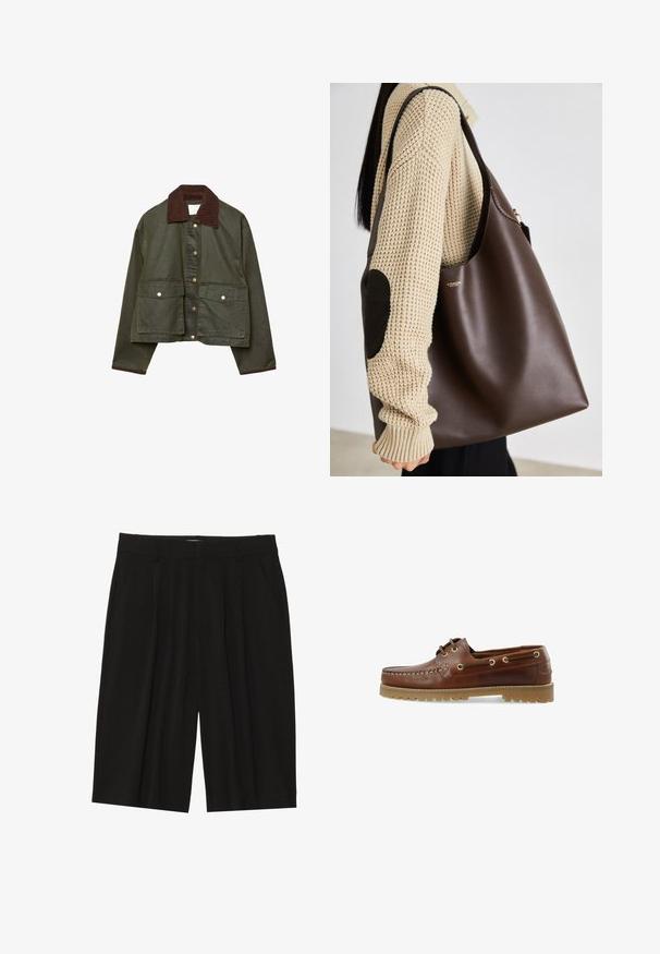 Giacca cropped verde oliva con colletto e polsini in corduroy marrone, bottoni a pressione frontali e due grandi tasche anteriori con patta.; T-shirt bianca in cotone con una grande stampa grafica rossa e navy che presenta un cavallo e il testo "LEVI'S THE ORIGINAL" in lettere bold.; Pantaloni corti neri plissettati realizzati in un tessuto morbido, dotati di tasche laterali e taglio dritto, con lunghezza fino a metà coscia.; Scarpe da barca in pelle marrone con taglio basso, design con lacci, occhielli metallici e suola in gomma testurizzata, con cuciture lungo la parte anteriore.; Borsa tote in pelle marrone con un design spazioso. Presenta una texture liscia e un logo dorato discreto. Abbinata a un maglione lavorato a maglia color crema.