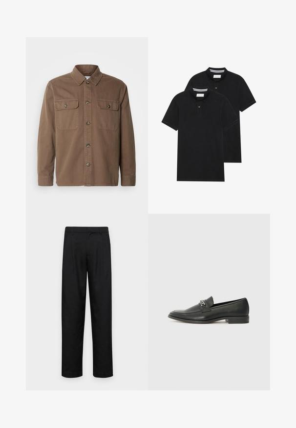 Lindbergh OVERSHIRT - Chaqueta de entretiempo - dark stone; Dos camisetas polo negras, de manga corta, de material de algodón, que presentan un cuello clásico, una tapeta de dos botones y acentos de rayas blancas en el interior del cuello.; Pantalones negros de tela suave, con un diseño de pierna recta, dos pliegues frontales y una cintura estándar con trabillas para el cinturón.; Mocasín de cuero negro con un acabado suave, que cuenta con un diseño de costura y un acento decorativo de cadena de metal en el empeine. Tacón plano.