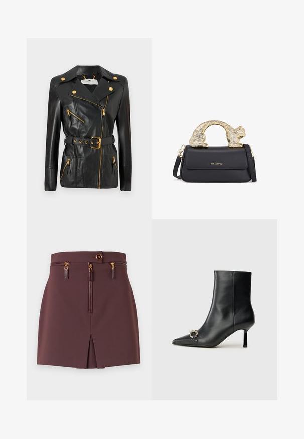 Sort læderjakke med talje bælte, guldfarvet hardware, asymmetrisk lynlåsdesign og fire lynlåslommer. Glat tekstur.; Sort rullekravesweater med lange ærmer, ribbet struktur, let strikmateriale og en tætsiddende silhuet. Ingen synlige logoer eller mønstre.; Bordeaux mini nederdel med en slim fit, som har en frontlynlås, dekorative lynlåse, en split og en knaplukning med guld accenter.; Sort læder ankelstøvle med spidse tæer, slank hæl i mellemhøjde og sølvspænde detaljer på siden mod en ensfarvet baggrund.; Sort læderhåndtaske med et håndtag formet som en guldkat, som har en frontklap, justerbar rem og logo-detalje på den nederste front.
