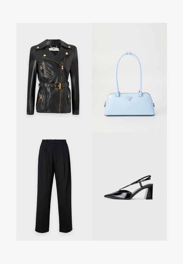 Sort læderjakke med talje bælte, guldfarvet hardware, asymmetrisk lynlåsdesign og fire lynlåslommer. Glat tekstur.; Sort ærmeløs top med høj hals, der har frynset blondeaccent på skuldrene og en glat, blød tekstur.; Sorte bukser med skræddersyet design, der har høj talje, læg og lige ben. Fremstillet af glat stof i ensfarvet.; Sorte laklæder slingback højhælede sko med spids tå, justerbar rem og chunky rektangulær hæl.; Lyseblå håndtaske med en struktureret form, glat lædermateriale, to hanke og et trekantet brandlogo på fronten. Lynlås lukning.