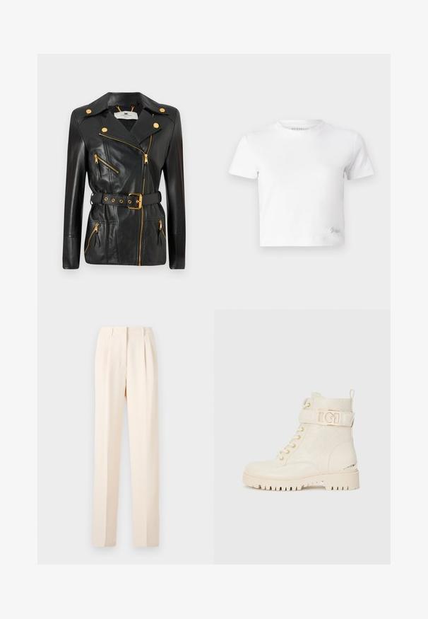Giubbotto di pelle nera con vita cinturata, hardware dorato, design con zip asimmetrica e quattro tasche con zip. Texture liscia.; T-shirt cropped bianco realizzato in cotone liscio, con un collo alto e maniche corte. Piccolo logo ricamato nell'angolo inferiore.; Pantaloni beige su misura con pieghe, caratterizzati da una vestibilità dritta e una texture liscia. La vita è pulita, senza hardware visibile.; Stivali alla caviglia bianchi con un design floreale in rilievo, chiusura con lacci, cinturino laterale con un logo dorato e suola robusta per una migliore aderenza.