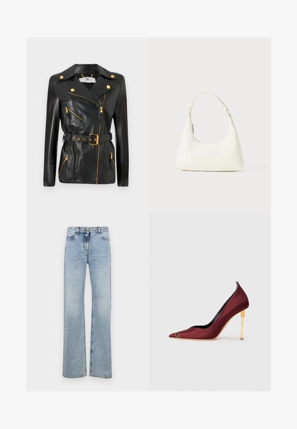 Juodas odinis švarkas su dirželiu juosmenyje, auksiniais priedais, asimetrišku užtrauktuko dizainu ir keturiais užtrauktukais uždaromais kišenėmis. Lygi tekstūra.; Juodas medvilnės trumpomis rankovėmis marškinėliai su apvaliu kaklu. Turi atpalaiduotą siluetą ir paprastą, neišpuoštą dizainą.; Šviesiai mėlynos džinsinės kelnės su aukštu liemeniu, plačiomis kojomis, penkiomis kišenėmis ir siuvinėtomis detalėmis palei siūles ir liemenį.; Burgundi satino aukštakulniai bateliai su smailiu priekiniuовать с auksinėmis akcentinėmis detalėmis ir elegantišku stiletto tipo kulnu.; Maža balta peties rankinė su viena reguliuojama juostele ir užtrauktuko uždarymu, išdėstyta ant vientiso balto fono.