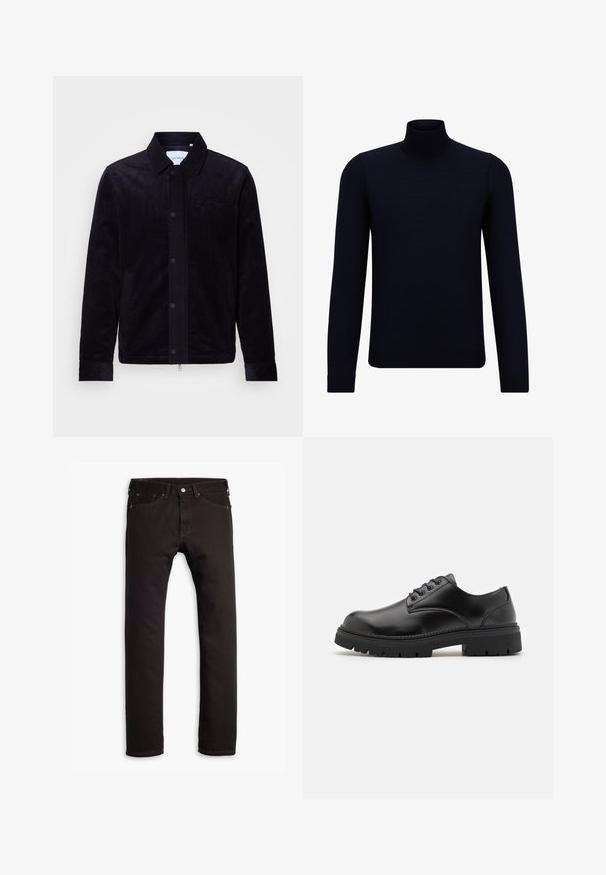 Juodas kaldūrinis švarkas su sagų užsegimu, apykakle, dviem šoniniais kišenėmis ir subtiliu prekės ženklu siuvinėjimu ant krūtinės.; Tamsiai mėlynas megztinis su aukštu kaklu, pagamintas iš smulkaus mezgimo audinio, su ilgomis rankovėmis ir prisitaikančiu, aukštu kaklu. Nėra matomų raštų ar akcentų.; Juodi liekni džinsai su penkiomis kišenėmis ir mygtuko uždarymu, išdėstyti plokščiai ant baltos fono.; Juodi odiniai bateliai su apvaliu nosiu, raištelių užsegimu ir storu, tekstūruotu guminėmis padais. Yra siuvinėjimas per kraštą ir lygus paviršius.