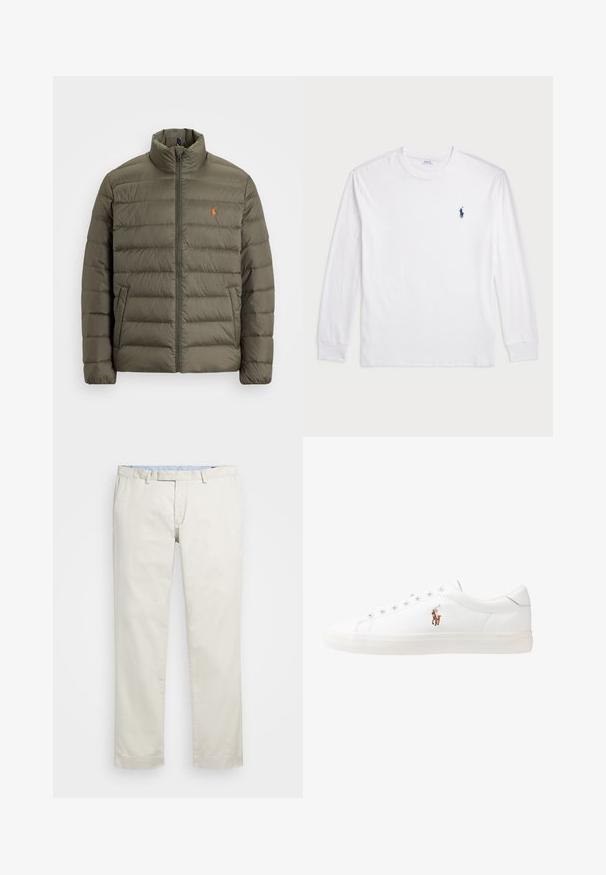 Oliņzaļš pūšamais mētelis, ar rāvējslēdzēju priekšpusē, augsts apkakles, horizontāls quiltēts raksts, kreisajā pusē kabata, neliels oranžs logo uz krūtīm.; Baltas garām piedurknēm T-krekls, izgatavots no kokvilnas. Tam ir apaļa kakla izgriezne, ribotas piedurknes un neliels tumši zilas polo logo kreisajā krūtī.; Bežīgas kokvilnas chinos bikses ar gludu priekšpusi, jostas cilpām un sānu kabatām. Taisnas kājas dizains ar gludu tekstūru un vieglu, elpojošu sajūtu.; Baltas ādas sporta apavi, zema dizaina, ar gludu tekstūru, noapaļotu purngalu, ar auklēm priekšpusē un nelielu izšūtu logotipu sānos.