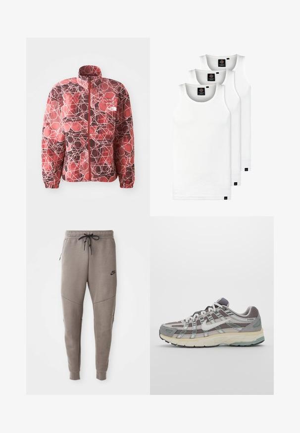Červená bunda s geometrickým vzorom, obsahujúca hexagóny a čiary. Plný zips s vysokým golierom a elastickými manžetami.; Tri biele rebrované tielka vyrobené z bavlny. Majú okrúhly výstrih a malé čierne štítky pri leme. Dostupné v rôznych veľkostiach.; Sivé tepláky Nike s nastaviteľným pásom, zúženými nohavicami, bočnými vreckami a výrazným švom. Mäkká, textúrovaná látka.; Šedá športová obuv so zvrškom z nylonu a semišu, bielymi akcentmi, polstrovanou podrážkou a jedinečným dizajnom s reflexnými prvkami.