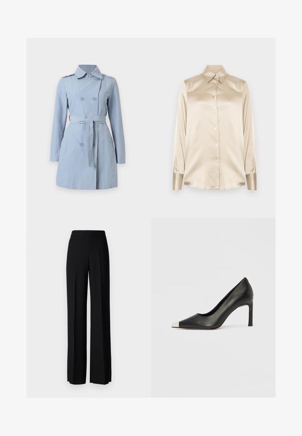 Helles blaues Trenchcoat mit doppelreihigem Design, zwei Knöpfen, einem Taillengürtel und einem Kragen. Hergestellt aus einem glatten Stoff mit langen Ärmeln.; Beige Satinhemd mit spitzem Kragen, langen Ärmeln, Knopfverschluss und Manschetten in einem etwas glänzenderen Finish. Keine Muster oder Akzente.; Schwarze weite Hosen mit einer glatten Textur, ausgestattet mit einem hohen Bund und mittleren Falten. Keine sichtbaren Muster oder Hardware-Details.; Schwarzer Lederschuh mit hohem Absatz, spitz zulaufender Zehenpartie und metallischer silberner Spitze. Verfügt über eine glatte Oberfläche und einen schlanken 10 cm hohen Absatz.