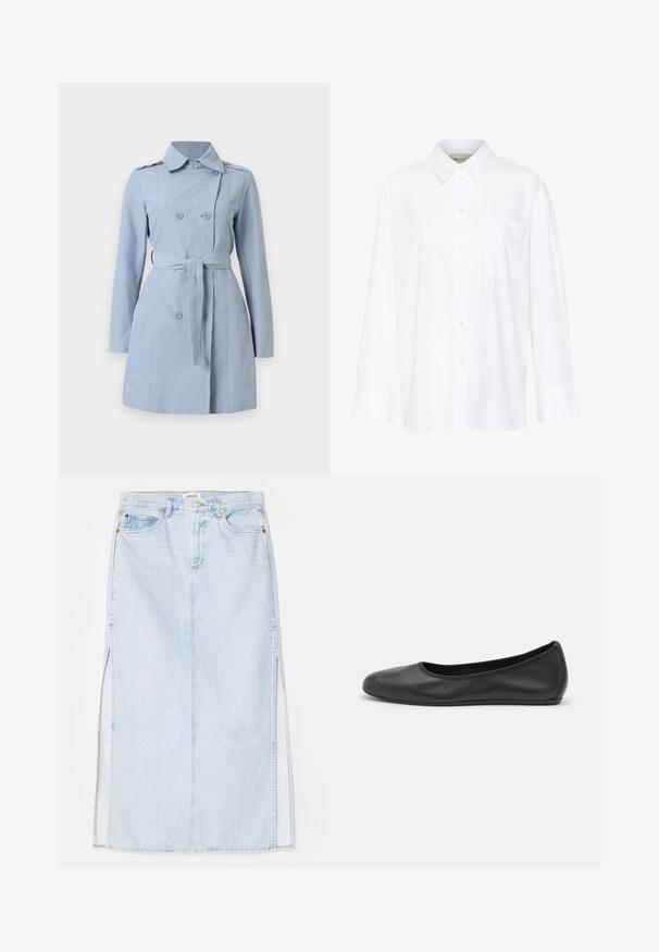 Lyseblå trenchcoat med dobbeltknappdesign, to knapper, belte i midjen og krage. Laget av et glatt stoff med lange ermer.; Hvit langermet skjorte med krage laget av bomull. Den har en knappestolpe foran og en enkelt brystlomme. Glatt tekstur og avslappet passform.; Lys blå denim maxi skjørt med rett snitt, med sidespalter og fem-lommers design. Fremtredende søm og metallknapplukking.; Svart skinnballettflatt med rund tå, glatt tekstur, minimal sømdetalj, og et fleksibelt såledesign.