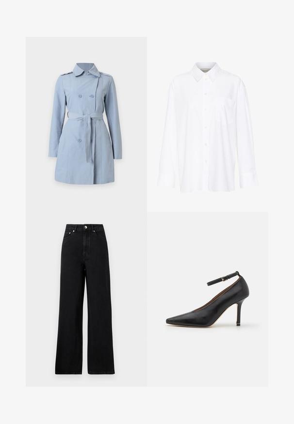 Cappotto trench blu chiaro con design doppiopetto, due bottoni, cintura in vita e colletto. Realizzato in un tessuto liscio con maniche lunghe.; Camicia bianca a maniche lunghe con colletto in cotone. Caratterizzata da una chiusura con bottoni e una tasca sul petto singola. Tessuto liscio, vestibilità comoda.; Jeans in denim nero a vita alta con un design a gamba larga, dotati di cinque tasche e dettagli in metallo argentato. Tessuto complessivamente morbido.; Scarpa nera in pelle con tacco alto, punta affusolata, cinturino alla caviglia e tacco sottile. Texture liscia con un accento dorato alla base del tacco.