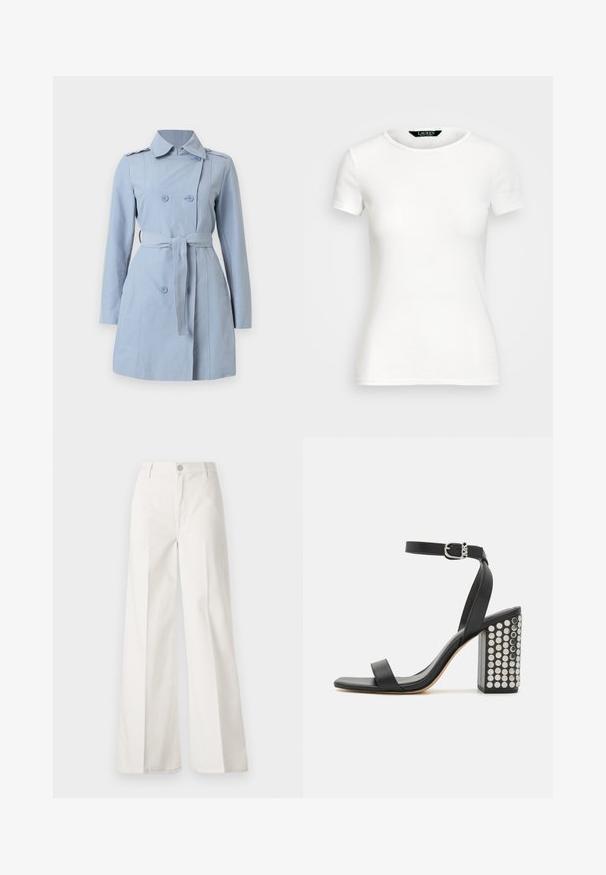 Gai zils tranšejs irmit ar dubulto pogu dizainu, divām pogām, vidukļa saiti un apkakli. Izgatavots no gludas auduma ar garām piedurknēm.; Balts kokvilnas T-krekls ar īsām piedurknēm, apaļu kaklu, pieguļošu dizainu un gludu tekstūru. Logo birka pie kakla.; Baltas platfita bikses, izgatavotas no kokvilnas ar gludu tekstūru. Aprīkotas ar priekšējo pogu, rāvējslēdzēju un četru kabatu dizainu.; Melnas ādas augstpapēžu sandales ar potītes siksniņu. Ievērojama kvadrāta formas purngala, gluda tekstūra un kvadrātveida bloka papēdis, kas rotāts ar sudraba kniedēm.