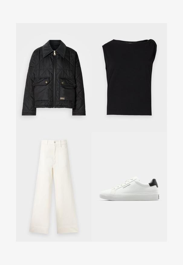Black quilted jacket with a high collar, front zipper, two large pockets, and gold hardware accents. Features a smooth texture and cropped length.; Black short-sleeve top made of smooth fabric. Features a round neckline and draped detail on the shoulder. Simple, fitted design.; Wide-leg trousers in light beige cotton. Features a high waist, front pockets, and a straight cut. Clean hem finishing without patterns.; White sneaker with a smooth finish, black heel accent, and lace-up design. Features "Calvin Klein" branding on the side. Minimalist style.