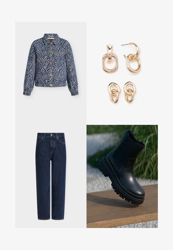 Blue and beige zebra print jacket with a collared neckline, five gold button closures, and elasticized cuffs. Textured fabric.; White short-sleeve t-shirt with a round neck, relaxed fit, made of soft cotton fabric. Smooth texture, no patterns or logos.; Dark blue denim jeans with a straight leg, high waist, silver hardware, front pockets, and subtle stitching details. Classic five-pocket design.; Black leather ankle boot with a chunky sole, elasticated side panels, and a smooth finish. Elevated design with contrasting tread detail.; Gold-toned earrings featuring a mix of geometric shapes: a square, circle, and linked oval designs with a polished finish.