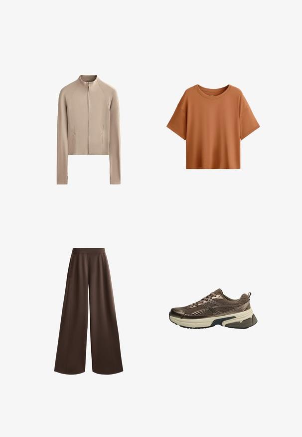 Beige Cropped-Jacke mit langen Ärmeln, gerippter Textur an den Schultern und einem Frontreißverschluss. Verfügt über Seitentaschen für Funktionalität.; Kurzarm, boxy T-Shirt in Rostfarbe. Aus glattem Stoff gefertigt, mit weitem Ausschnitt und lässiger Passform, mit einem sauberen Saum.; Weite Hosen in einem einfarbigen Dunkelbraun, mit einer glatten Textur, hoher Taille und vorderen Falten für zusätzliche Design-Details.; Brauner Sportschuh mit Mesh-Obermaterial, metallischen Akzenten, dicker weißer Zwischensohle und strukturiertem schwarzen Sohle. Verfügt über Schnürsenkel und eine Zuglasche.