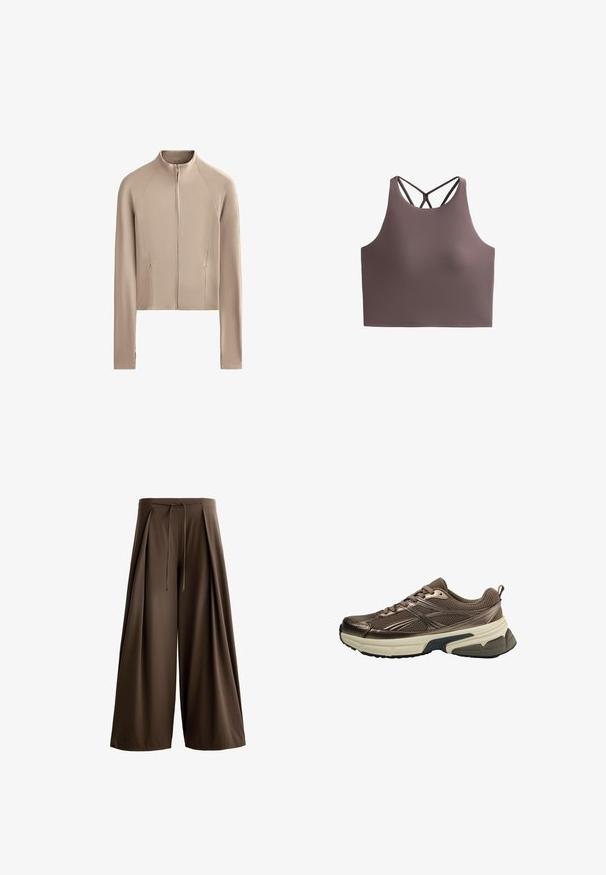 Skraćena bež jakna dugih rukava, rebraste teksture duž ramena, s prednjim patentnim zatvaračem. Ima bočne džepove za praktičnost.; Smeđi sportski grudnjak s visokim izrezom i dizajnom traka u obliku križa na leđima. Izrađen od glatkog, rastezljivog materijala, pruža uski siluetu.; Smeđe hlače širokih nogavica od teksturiranog materijala, s elastičnim pojasom na vezanje i prednjim nabranicama.; Smeđi atletski tenisice s mrežastim gornjim dijelom, metalnim akcentima, debelim bijelim međupotplatkom i strukturiranim crnim potplatom. Ima vezice i kvačicu.