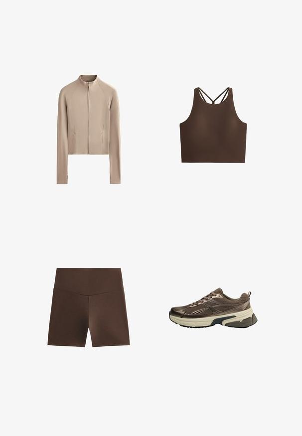 Jachetă bej scurtă cu mâneci lungi, textură canalată pe umeri și fermoar frontal. Include buzunare laterale pentru funcționalitate.; Crop top athletic maro, cu o textură netedă, având un guler înalt și curele împletite pe spate pentru un suport suplimentar.; Pantaloni scurți sport de culoare maro, cu o talie înaltă, realizați dintr-un material elastic, având o textură netedă și un design simplu, fără modele.; Pantofii sport maro au o parte superioară din plasă, accente metalice, o talpă intermediară groasă albă și o talpă texturată neagră. Dispun de șireturi și o bandă de prindere.