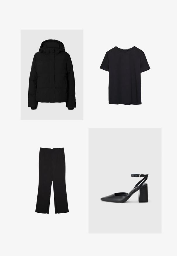 Črna puffer jakna z visokim ovratnikom, zadrgo spredaj, stranskimi žepi in rebrastimi manšetami. Tkanina je gladka z mat površino.; Enostavna črna bombažna majica s kratkimi rokavi in okroglim izrezom, prikazana na belem ozadju.; Črne hlače ravnega kroja z naglavnimi žepi in stranskimi razporki na robu. Narejene iz mehke, gladke tkanine. Primerne za različne priložnosti.; Črne usnjene klasične čevlje z ostrim nosom, z zaponko za gleženj in debelim peto. Ravna tekstura, eleganten dizajn in minimalistična estetika.