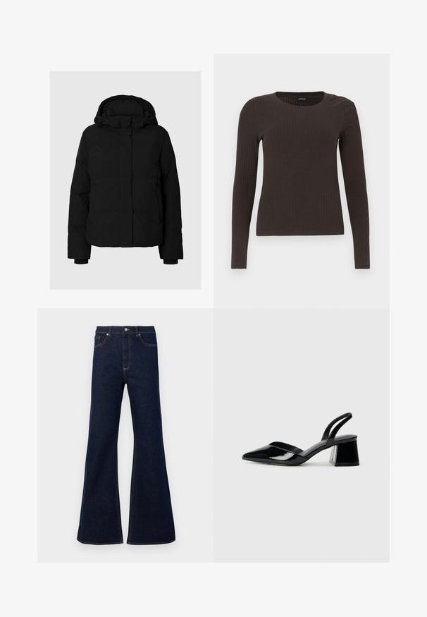 Svart puffjacka med hög krage, dragkedja fram, sidofickor och ribbade ärmslut. Tyget är slätt med en matt finish.; Brun långärmad ribbad topp med rundad halsringning. Tillverkad av ett mjukt, elastiskt material, med en figurnära silhuett och minimala detaljer.; Mörkblå utsvängda denim jeans med hög midja, framfickor och gyllene sömdekorationer. Slät textur med en klassisk passform.; Svarta lackläder slingback klackar med spetsig tå och geometrisk klack. Har en elegant, minimalistisk design och slät yta.