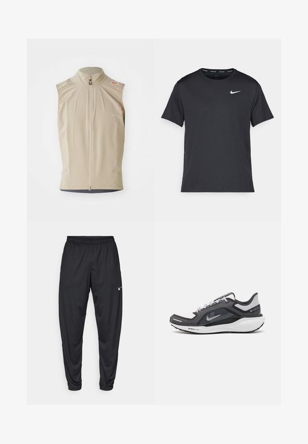 Beige bezrukávový vest s vyvýšeným límcem, předním zipem a lehkým materiálem. Obsahuje texturovanou spodní vrstvu a minimalistický design.; Černé běžecké tričko Nike vyrobené z lehkého a prodyšného materiálu, s krátkými rukávy a malým bílým logem na hrudi.; Černé sportovní kalhoty s elastickým pasem, zúženými nohavicemi a malým bílým logem Nike na levém stehně. Hladká látka, bez vzorů.; Černá a šedá sportovní obuv s vrškem z prodyšné síťoviny, reflexními akcenty a bílou mezipodešví. Obsahuje texturovanou gumovou podrážku a tkaničky.