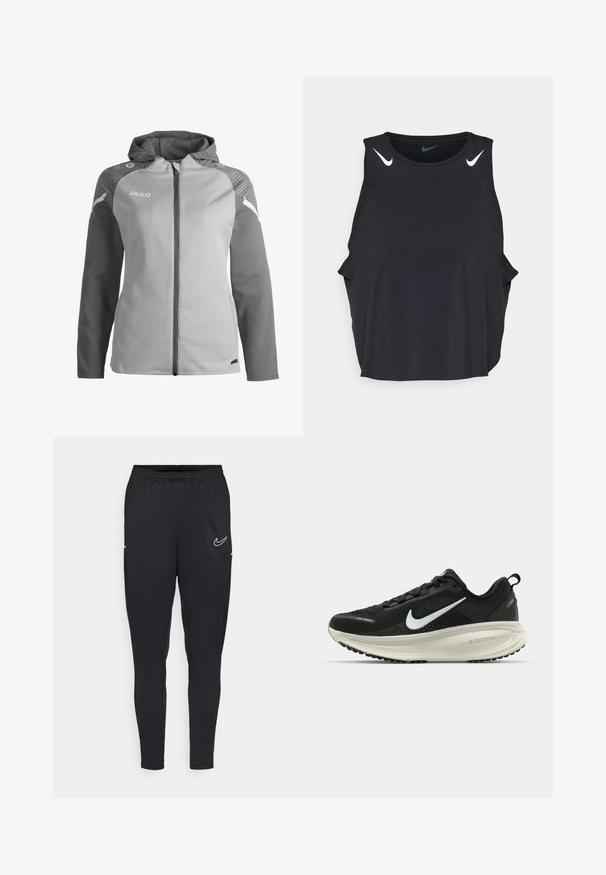 Giacca zip-up grigia chiara con cappuccio, dotata di maniche grigie scure, dettagli testurizzati sulle spalle e nome del marchio "JAKO" stampato sul petto.; Canotta atletica nera senza maniche con scollatura arrotondata, tagli laterali e loghi Nike bianchi sulle spalle. Tessuto liscio e leggero.; Pantaloni sportivi neri realizzati con un tessuto leggero, caratterizzati da una vita elastica, un design aderente e un logo Nike bianco sulla coscia.; Scarpa da corsa nera Nike con tomaia in rete traspirante, logo Swoosh bianco, dettagli testurizzati e intersuola ZoomX di colore crema.