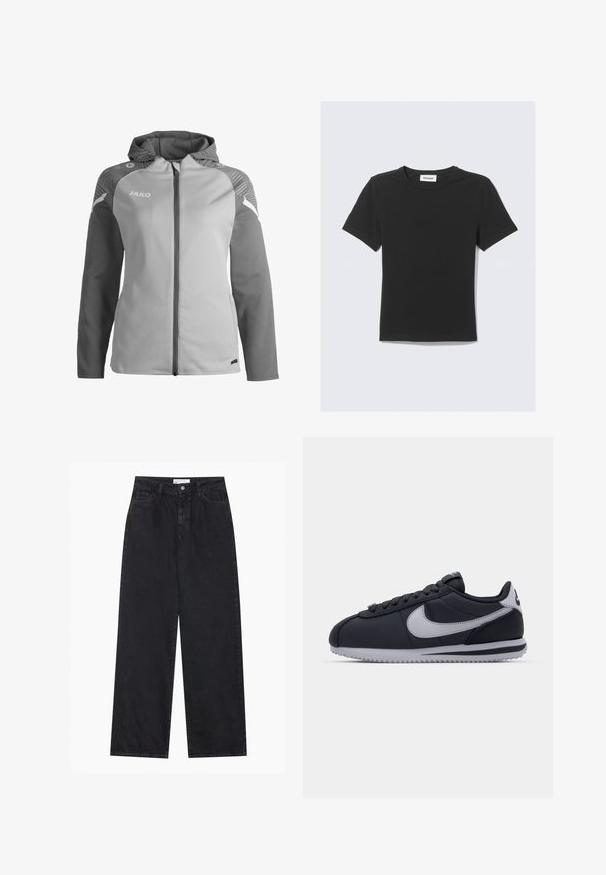 Giacca zip-up grigia chiara con cappuccio, dotata di maniche grigie scure, dettagli testurizzati sulle spalle e nome del marchio "JAKO" stampato sul petto.; Maglietta nera a maniche corte in morbido cotone, con scollo rotondo e vestibilità regolare, senza motivi o dettagli visibili.; Jeans in denim neri a vita alta, a gamba larga, con chiusura frontale a bottoni e zip, passanti per la cintura e stile a cinque tasche.; Scarpa sportiva nera con accenti grigi, tomaia in sintetico liscio, suola testurizzata, punteggiante arrotondata e lacci piatti. Design classico con dettagli del logo.