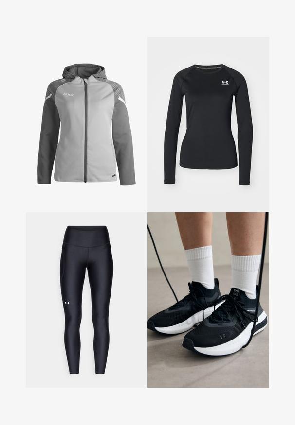 Giacca zip-up grigia chiara con cappuccio, dotata di maniche grigie scure, dettagli testurizzati sulle spalle e nome del marchio "JAKO" stampato sul petto.; Maglietta sportiva nera a maniche lunghe realizzata in tessuto liscio, con scollatura tonda e un piccolo logo bianco sul lato sinistro del petto.; Leggings neri realizzati in materiale morbido e stretch con vita alta. Presentano un logo bianco sulla coscia sinistra e un design aderente.; Scarpe sportive nere con tessuto testurizzato, suola bianca e lacci neri. Indossate con calzini bianchi a costine, in piedi su una superficie chiara.