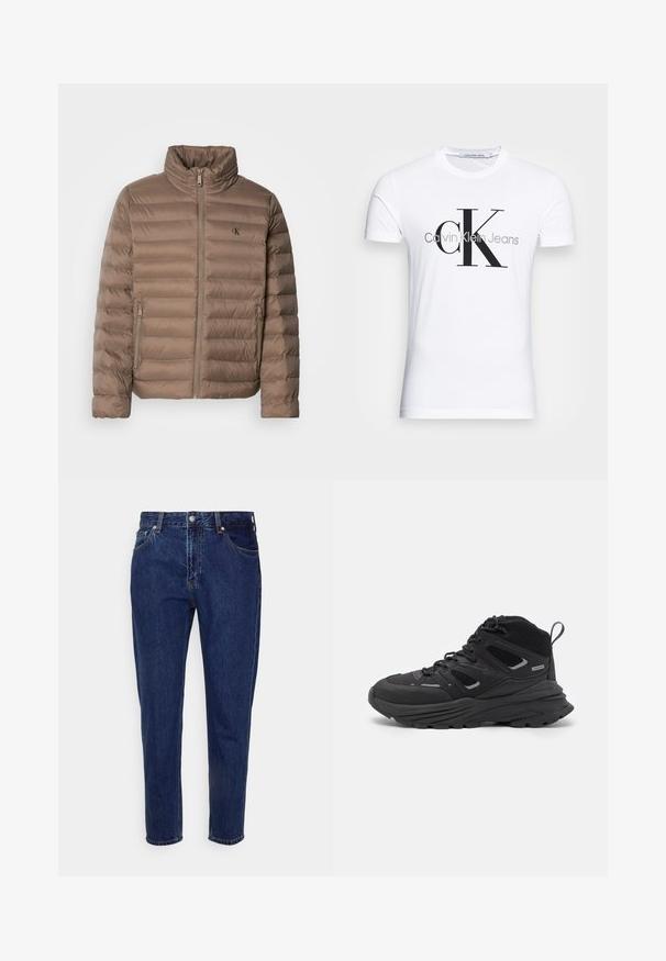 Brun polstret jakke med høj krave, horisontal quiltet design, lynlås foran og sidelommer. Har et logo på brystet.; Hvid bomulds t-shirt med et sort "CK" logo og teksten "Calvin Klein Jeans", korte ærmer og en klassisk rund halsudskæring.; Mørkeblå denim jeans med lige ben-design, fem lommer og knaplukning. Har subtil falming og syning detaljer.; Sorte vandresko med et lagdelt design, tekstureret stof og gummisål, med forstærkede områder og snørebånd foran.
