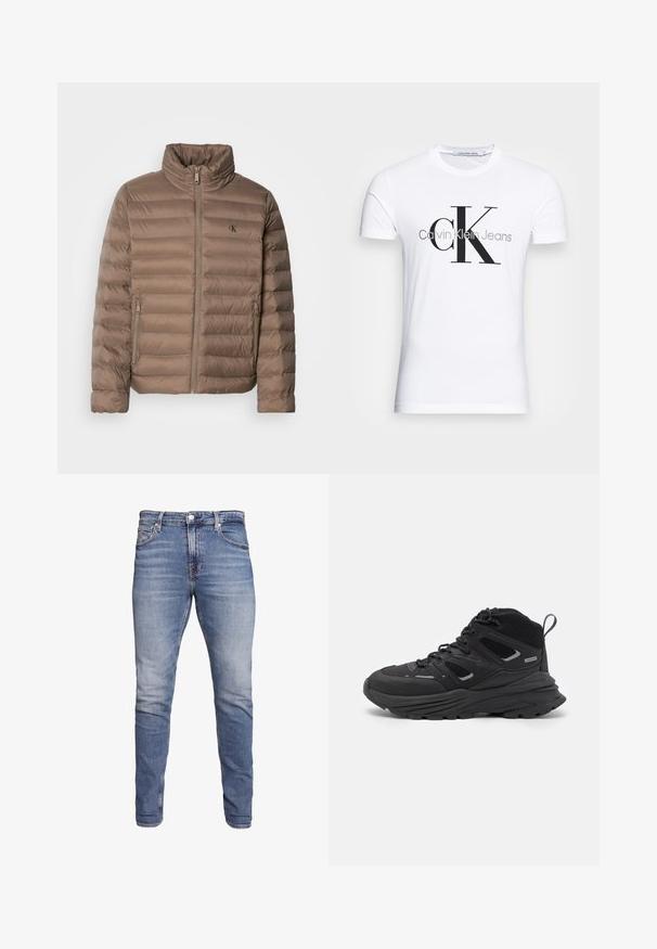 Smeđa podstavljena jakna s visokim ovratnikom, horizontalnim kvadratnim dezenom, prednjim patentnim zatvaračem i bočnim džepovima. Ima logotip na prsima.; Bijela pamučna majica s crnim "CK" logotipom i natpisom "Calvin Klein Jeans", kratki rukavi i klasičan okrugli izrez.; Plave slim-fit traperice s pet džepova, izblijedjeli završetak, zatvaranje na gumba i petlje za remen, prikazane na bijeloj pozadini.; Crne planinarske cipele s višeslojnim dizajnom, teksturiranom tkaninom i gumenenim potplatom, s ojačanim dijelovima i vezicama sprijeda.