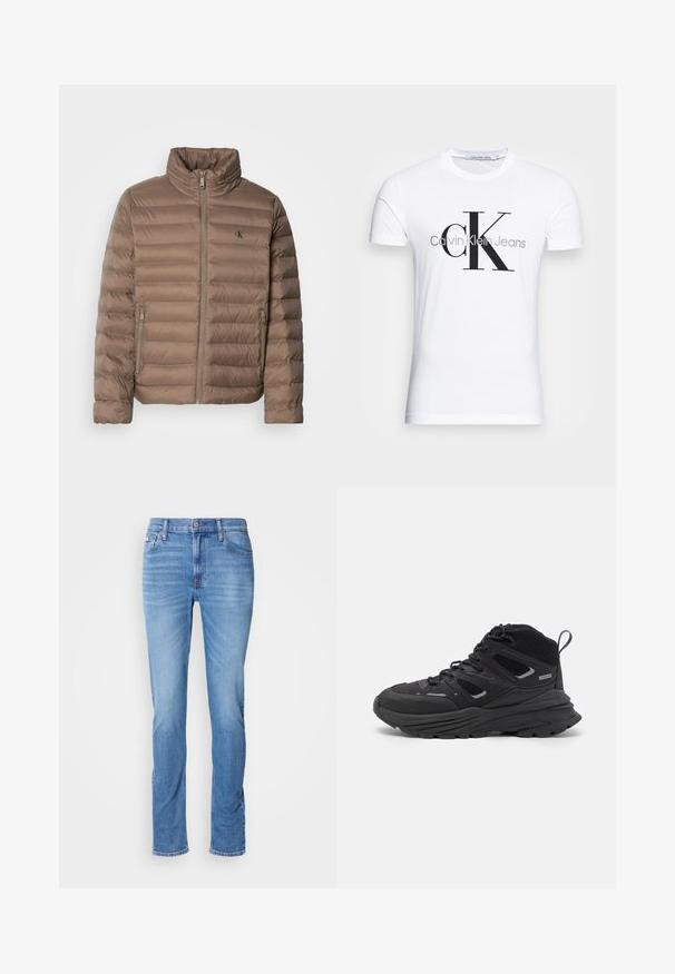 Brun polstret jakke med høj krave, horisontal quiltet design, lynlås foran og sidelommer. Har et logo på brystet.; Hvid bomulds t-shirt med et sort "CK" logo og teksten "Calvin Klein Jeans", korte ærmer og en klassisk rund halsudskæring.; Lysblå slim-fit jeans med frontknap og lynlås, fem lommer og diskret falmning på lår og knæ.; Sorte vandresko med et lagdelt design, tekstureret stof og gummisål, med forstærkede områder og snørebånd foran.