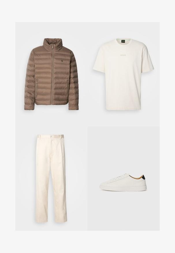 Giacca imbottita marrone con collo alto, design a righe orizzontali, chiusura frontale con zip e tasche laterali. Presenta un logo sul petto.; BOSS TEE - T-shirt basic - open white; Pantaloni in cotone beige con taglio dritto, dotati di chiusura a bottone e pence sul davanti per un tocco di dettaglio in più.; Sneaker bianca con tomaia in pelle liscia, punta rotonda e suola piatta. Accentatura nera sul tallone, con lacci tono su tono e branding minimale.