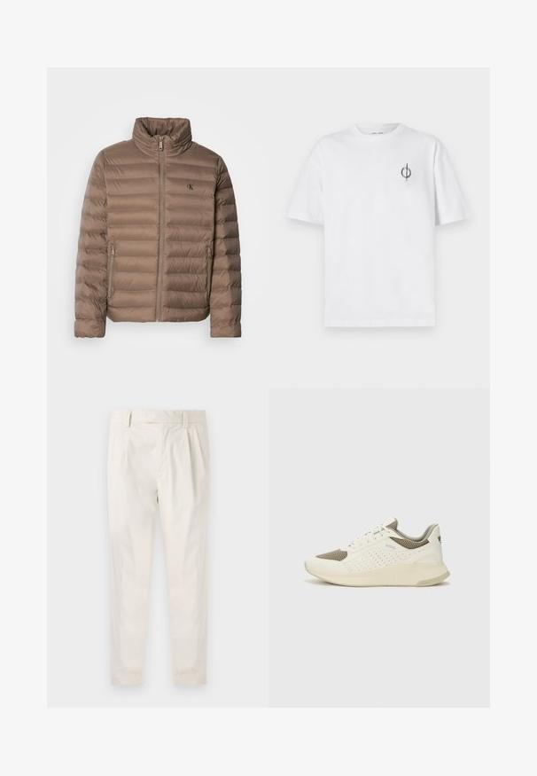Giacca imbottita marrone con collo alto, design a righe orizzontali, chiusura frontale con zip e tasche laterali. Presenta un logo sul petto.; T-shirt in cotone bianco con vestibilità rilassata, presenta un piccolo logo grafico nero nella zona sinistra del petto. Maniche corte, collo a giro.; Pantaloni bianchi plissettati con taglio su misura, caratterizzati da una texture liscia, passanti per la cintura e gambe affusolate. Nessuna tasca o motivo visibile.; Sneaker atletica bianca e beige chiaro, con tomaia in mesh, dettagli perforati e una suola intermedia texturizzata con marchio sul tallone.
