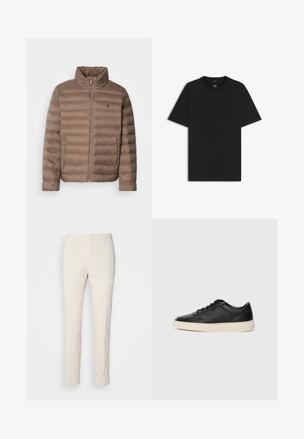 Bruine gewatteerde jas met een hoge nek, horizontaal quilt design, vooraan een ritssluiting en zijzakken. Heeft een logo op de borst.; Zwarte korte mouwen T-shirt van een gladde katoenmix, met een ronde halslijn en een minimalistisch ontwerp zonder patronen of accenten.; Crème-kleurige op maat gemaakte broek van een textuurstof. Heeft een recht model, riemlussen en twee voorzakken. Geen patronen.; Zwarte leren sneaker met lage schacht, zwarte veters en off-white zool, weergegeven in zijprofiel op een witte achtergrond.