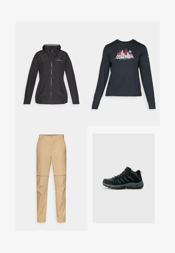 Juodas vandeniui atsparus švarkas su gobtuvu, pilnu užtrauktuku ir pilka vidine pamušalu. Yra logotipas ant krūtinės ir elastingi rankogaliai.; Ilga rankovė tamsiai pilka marškinėliai su raudonų medžių ir kalnų grafika; drąsaus baltos spalvos teksto "COLUMBIA" logotipas. Minkšta medžiaga, standartinis apvalus kaklas.; Kremo spalvos kelnių su užtrauktuku ir kišenėmis, tiesiu priekyje, su mygtuko uždarymu ir siaurėjančiomis kojomis. Pagamintos iš lengvos medžiagos, su lygiu paviršiumi.; Columbia REDMOND - Turistiniai batai - black/citron haze