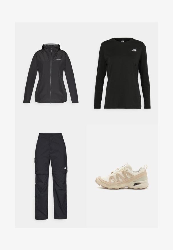 Svart vattentät jacka med huva, full dragkedja och grå innertyg. Har en logotyp på bröstet och elastiska ärmslut.; Svart långärmad t-shirt i bomull med rund hals. Har en liten vit logotyp på vänster bröstområde. Enkelt design och passform.; Svarta nylonbyxor med avtagbara ben, justerbara muddar, flera fickor och en logotyp på högra benet. Slät, lätt textur.; Beige och krämfärgad atletisk sko med texturerad meshovandel, stöttande överdrag och gummisulor med ett mönster för grepp.