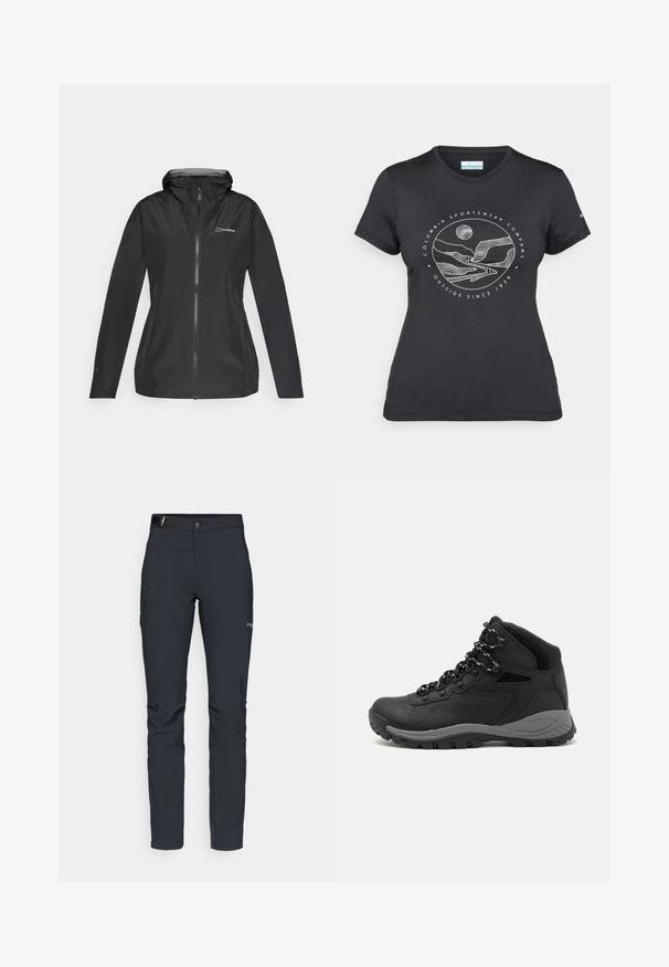 Svart vanntett jakke med hette, full glidelås og grå indre fôr. Har en logo på brystet og elastiske mansjetter.; Svart Columbia t-skjorte med hvit sirkulær fjell- og elvlinjekunst og tekst "Columbia Sportswear Company Outside Since 1938."; Herre utendørsbukser, mørkegrå, laget av fleksibelt materiale, med belte, glidelåslommer og forsterkede sømmer.; Sorte turstøvler med mid-topp design, som har en teksturert overdel, grå detaljer og slitesterk gummisåle med godt grep.