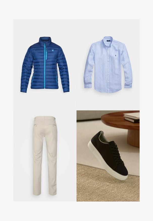 Padded blue jacket with a high collar, featuring a front zipper and contrasting light blue accents. Includes a spider logo on the chest.; Blue and white striped long-sleeve shirt made of cotton, featuring a button-down collar, front buttons, and a small embroidered logo on the chest.; Beige trousers with a smooth texture, straight cut, two back pockets with buttons, and a standard waistband.; Black sneaker with white sole floating above beige textured rug near round wooden table with stacked books.