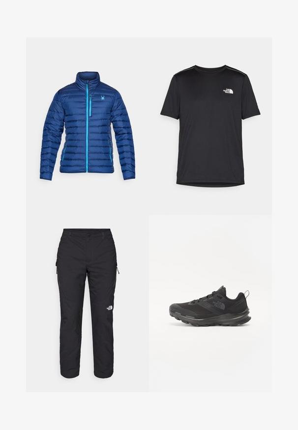 Chaqueta azul acolchada con alto cuello, presenta un cierre frontal y acentos en un azul claro contrastante. Incluye un logo de araña en el pecho.; Camiseta negra de manga corta hecha de tejido ligero. Presenta un pequeño logo blanco en el lado izquierdo del pecho y sutiles acentos en los hombros.; The North Face WINTER EXPLORATION TAPERED CARGO - Pantalones montañeros largos - black; Zapatilla deportiva negra con parte superior de malla, suela de goma y cuello acolchado. Cuenta con cordones, logotipo en el lateral y un diseño texturizado.