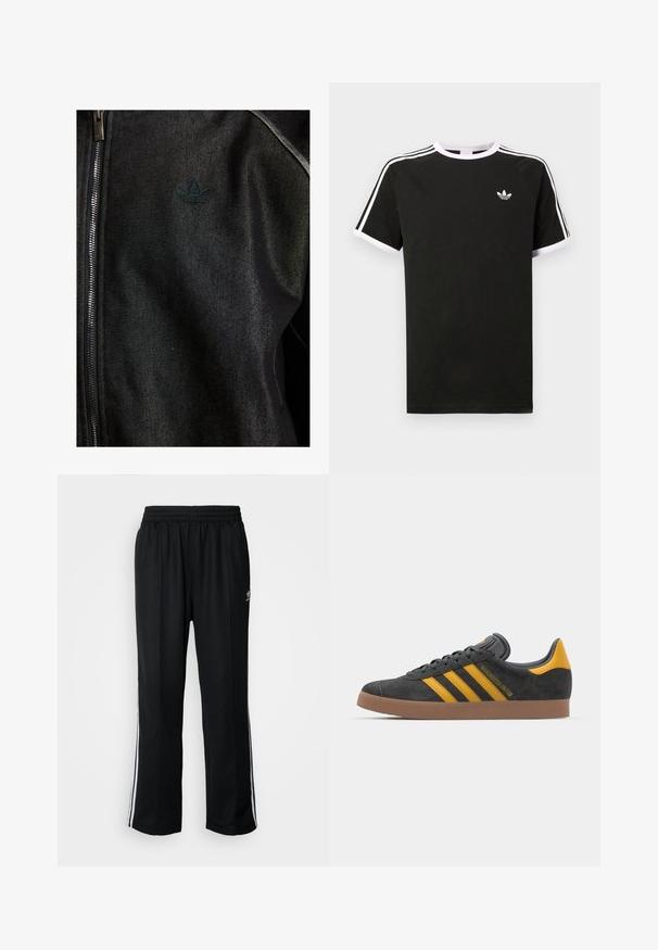 Black zip-up jacket made of textured fabric. Features a subtle, dark logo and contrast stitching along the seams.; Black t-shirt made of cotton with white accents. Features short sleeves, raglan design, and a small logo on the chest. Three white stripes on shoulders.; Black athletic pants with an elastic waistband, featuring white side stripes and a small logo. Material appears soft and lightweight.; Black suede sneaker with yellow accents, featuring three stripes and a brown rubber sole. Includes a padded tongue for comfort.